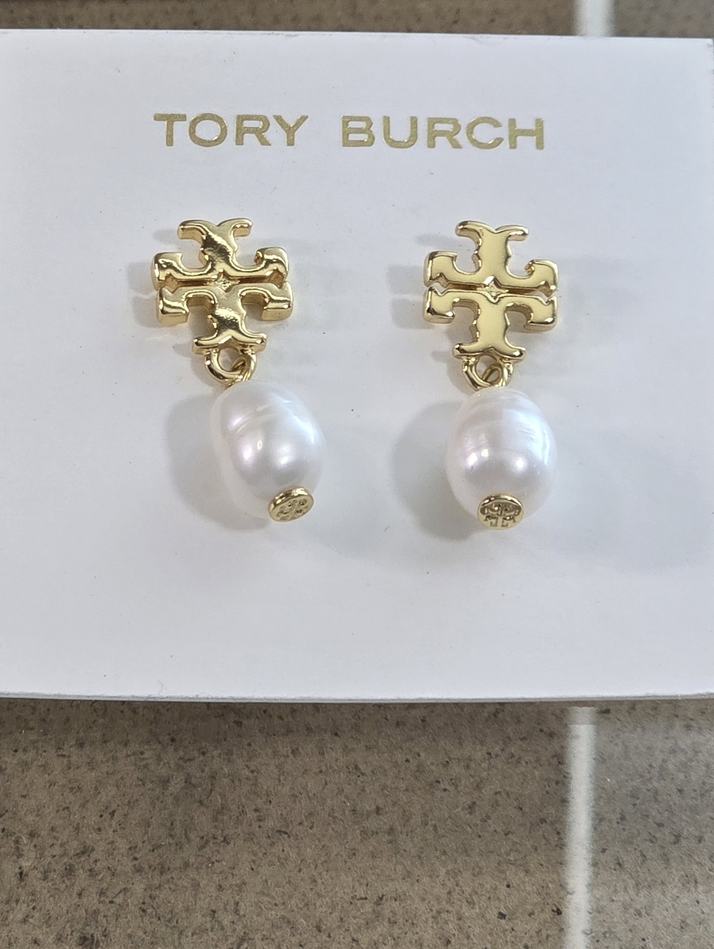 Tory Burch Gold Logo with White Pearl Drop Earrings